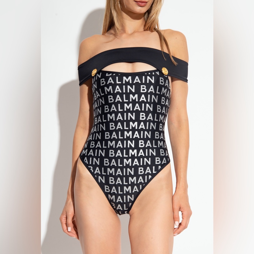BALMAIN**Black/Silver Logo Off-Shoulder One-Piece Swimsuit**F36;Small***$680